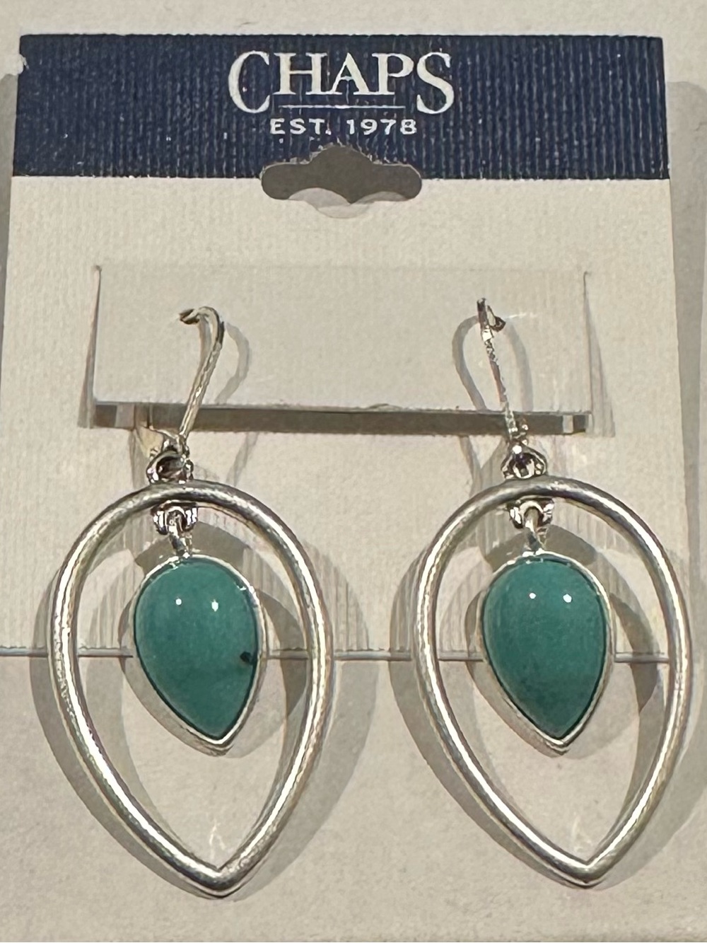 Chaps Silver Teardrop Earrings with Turquoise Stone